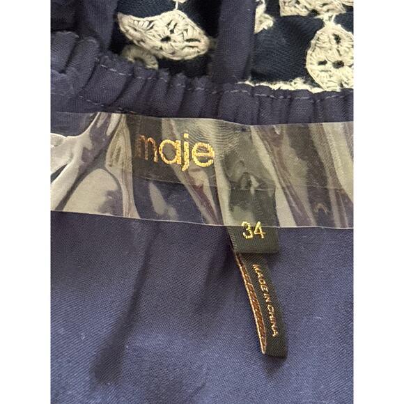 Maje Women's Size 34 Navy Woven Embroidered Frills Round Neck Trapeze Mini Dress - Picture 3 of 13